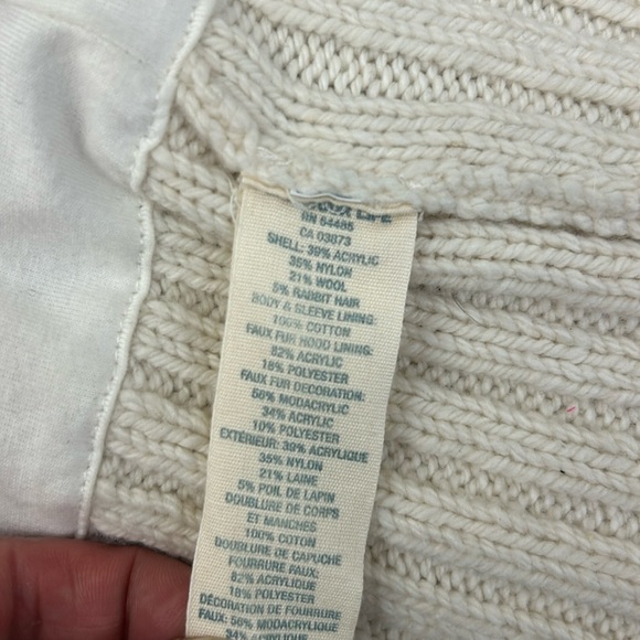 Vintage y2k Cream Cable Knit fishermen Hooded wool blend Cardigan with Fur Trim - Picture 8 of 9